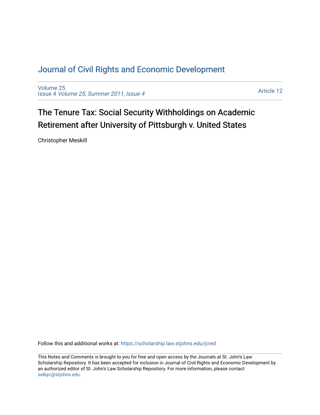 The Tenure Tax: Social Security Withholdings on Academic Retirement After University of Pittsburgh V