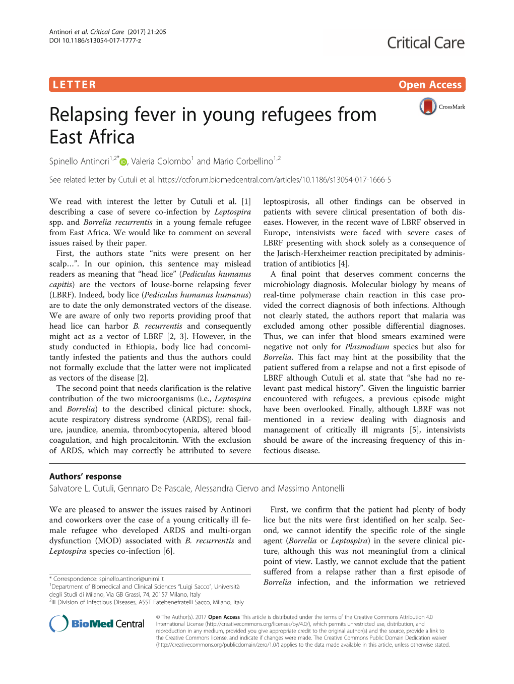 Relapsing Fever in Young Refugees from East Africa Spinello Antinori1,2* , Valeria Colombo1 and Mario Corbellino1,2