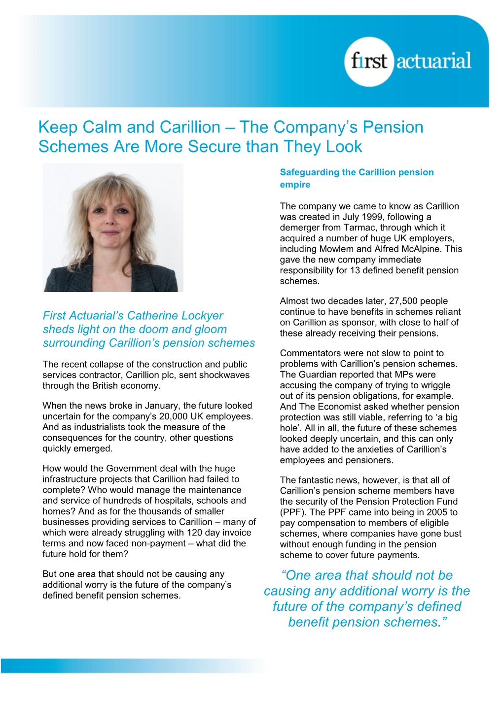 Keep Calm and Carillion – the Company’S Pension Schemes Are More Secure Than They Look