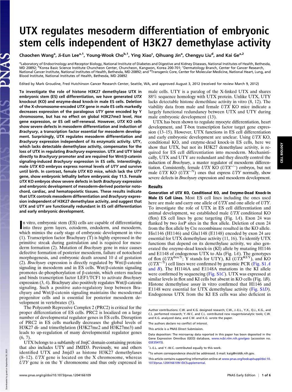 UTX Regulates Mesoderm Differentiation of Embryonic Stem Cells Independent of H3K27 Demethylase Activity