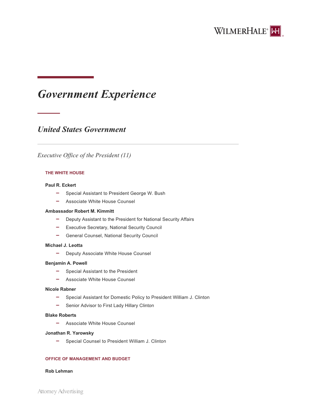 Government Experience | Wilmerhale