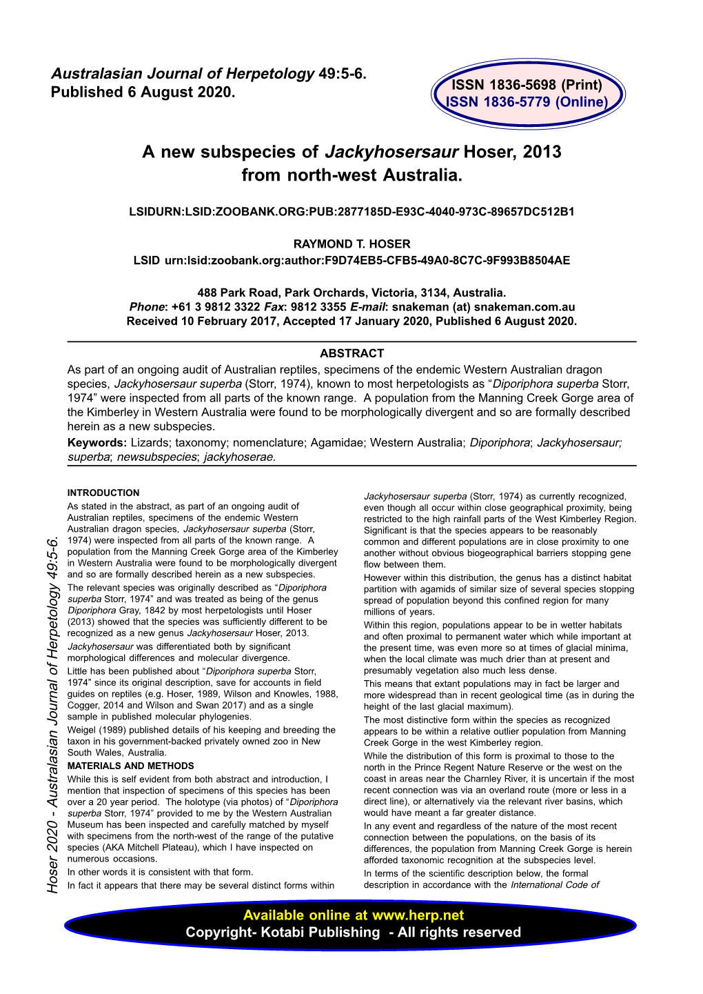 A New Subspecies of Jackyhosersaur Hoser, 2013 from North-West Australia