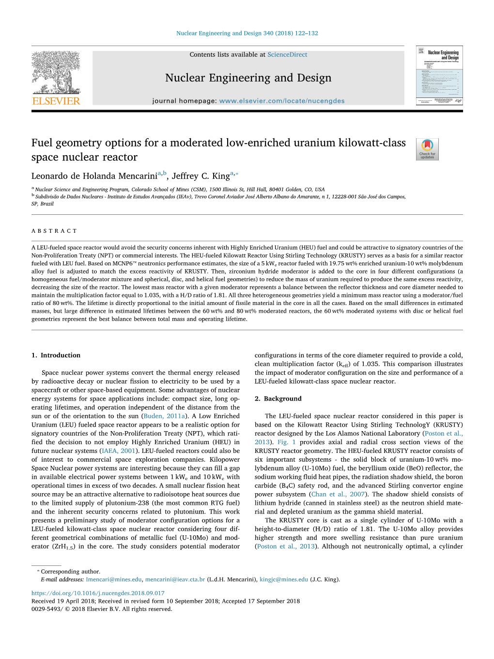 Fuel Geometry Options for a Moderated Low-Enriched Uranium Kilowatt-Class Space Nuclear Reactor T ⁎ Leonardo De Holanda Mencarinia,B,Jeﬀrey C