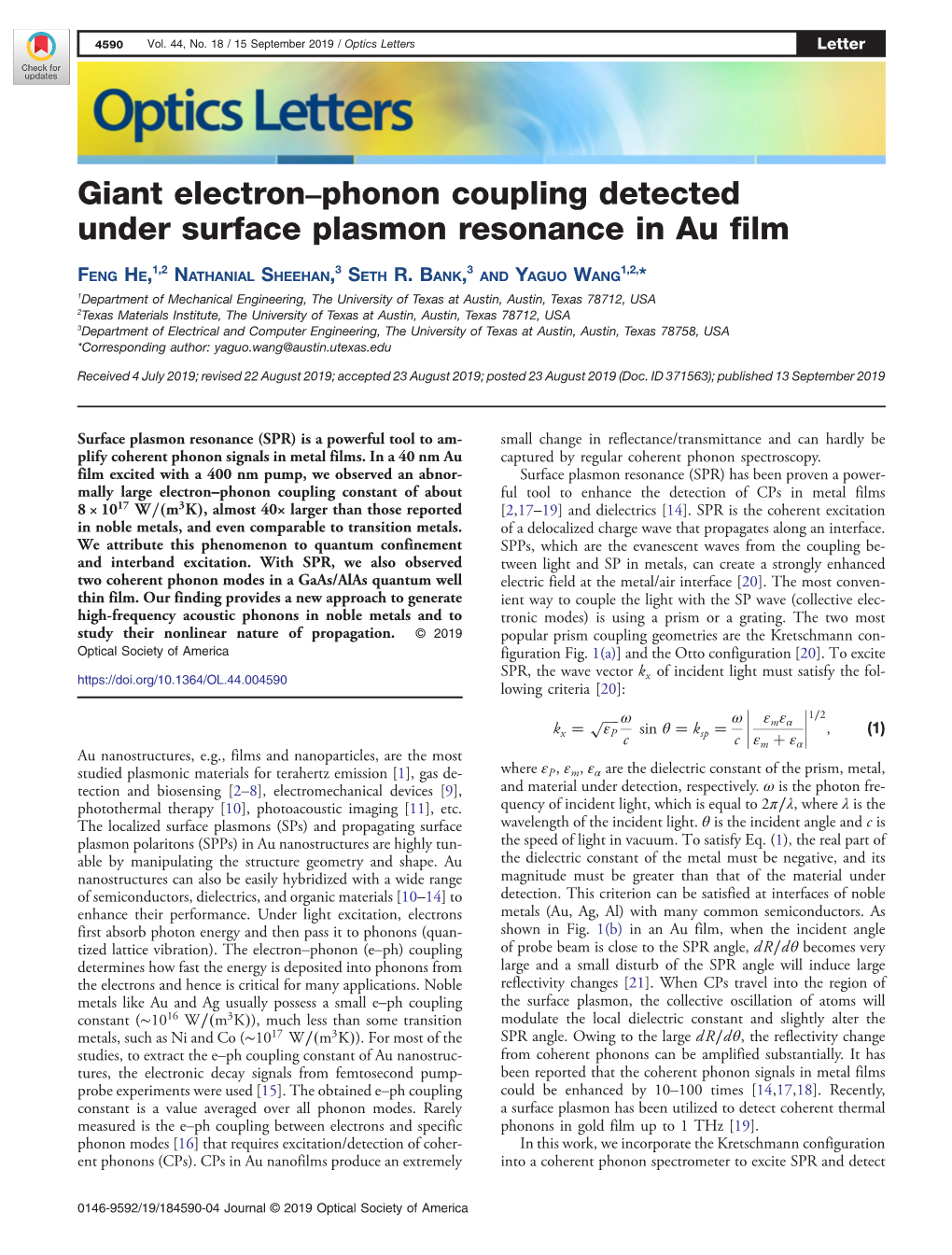 Giant Electron–Phonon Coupling Detected Under Surface Plasmon Resonance in Au Film