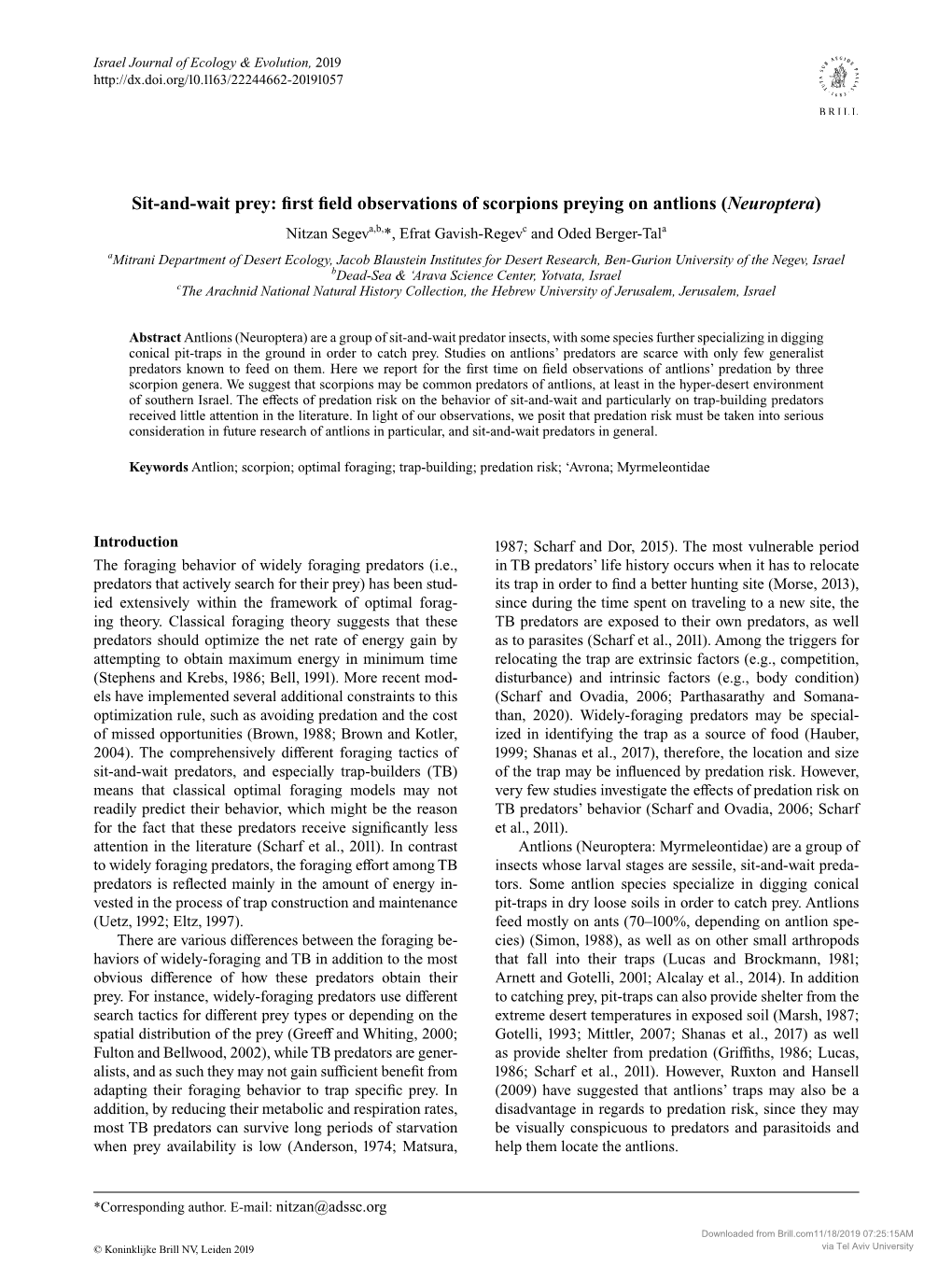 Sit-And-Wait Prey: First Field Observations of Scorpions Preying on Antlions (Neuroptera)