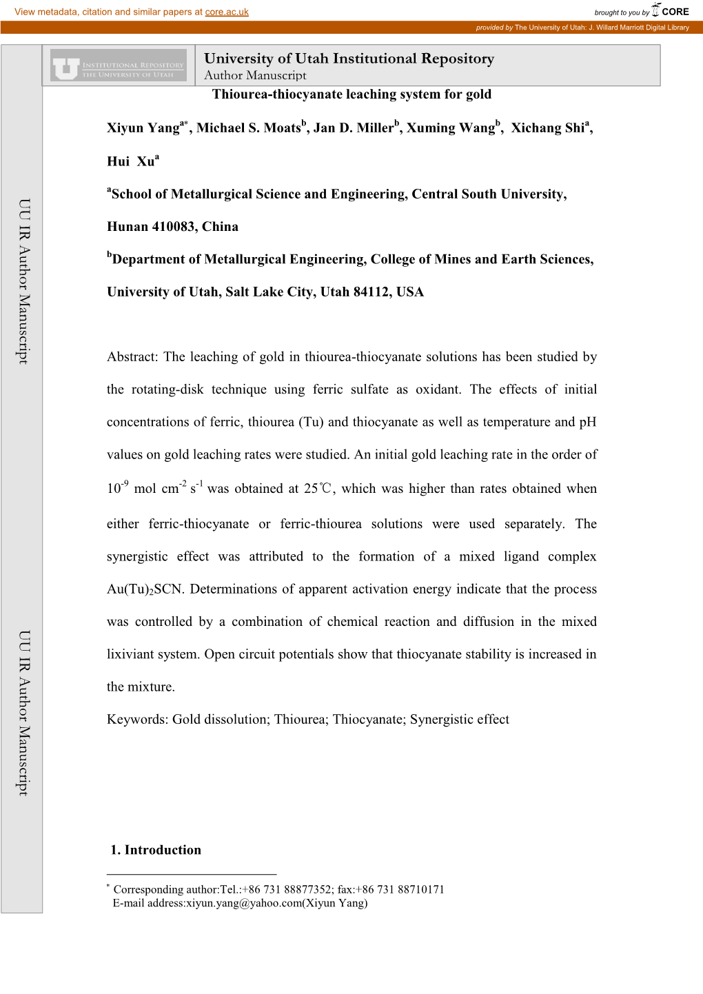 Gold Dissolution in Acid Thiourea-Thiocyanate Solutions Using Ferric As Oxidant