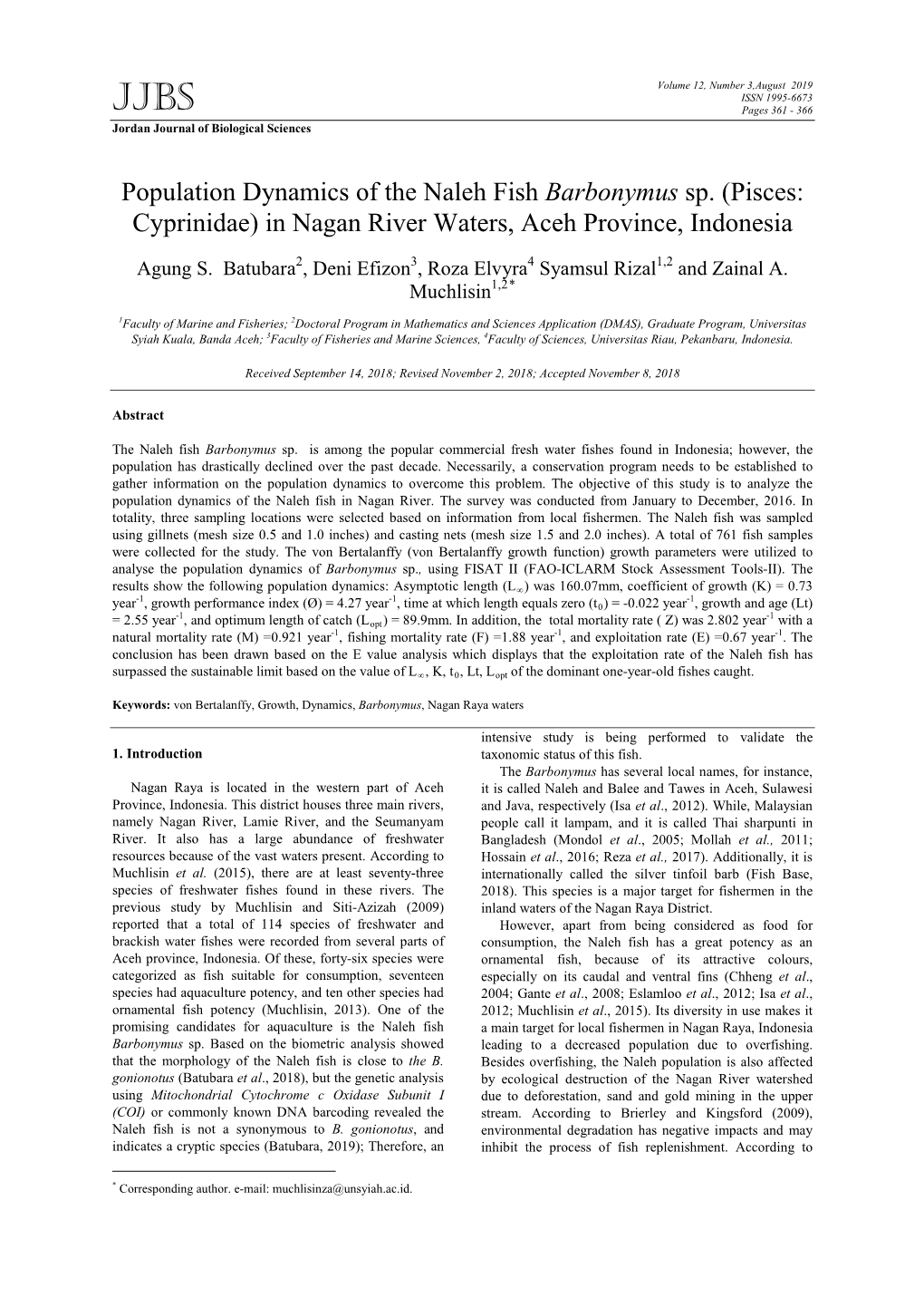 Population Dynamics of the Naleh Fish Barbonymus Sp. (Pisces: Cyprinidae) in Nagan River Waters, Aceh Province, Indonesia