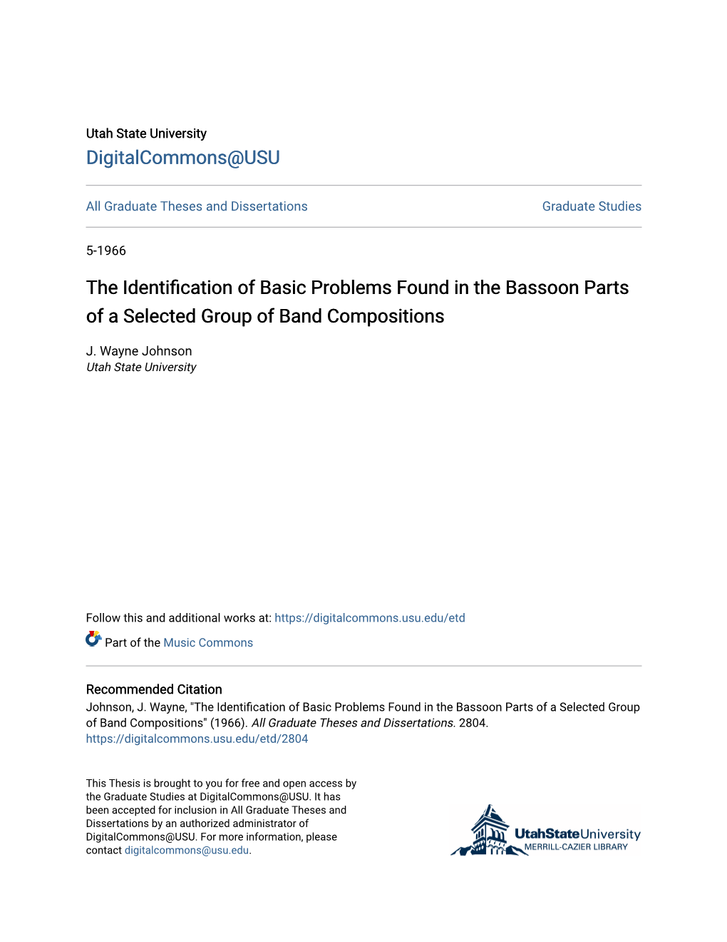 The Identification of Basic Problems Found in the Bassoon Parts of a Selected Group of Band Compositions