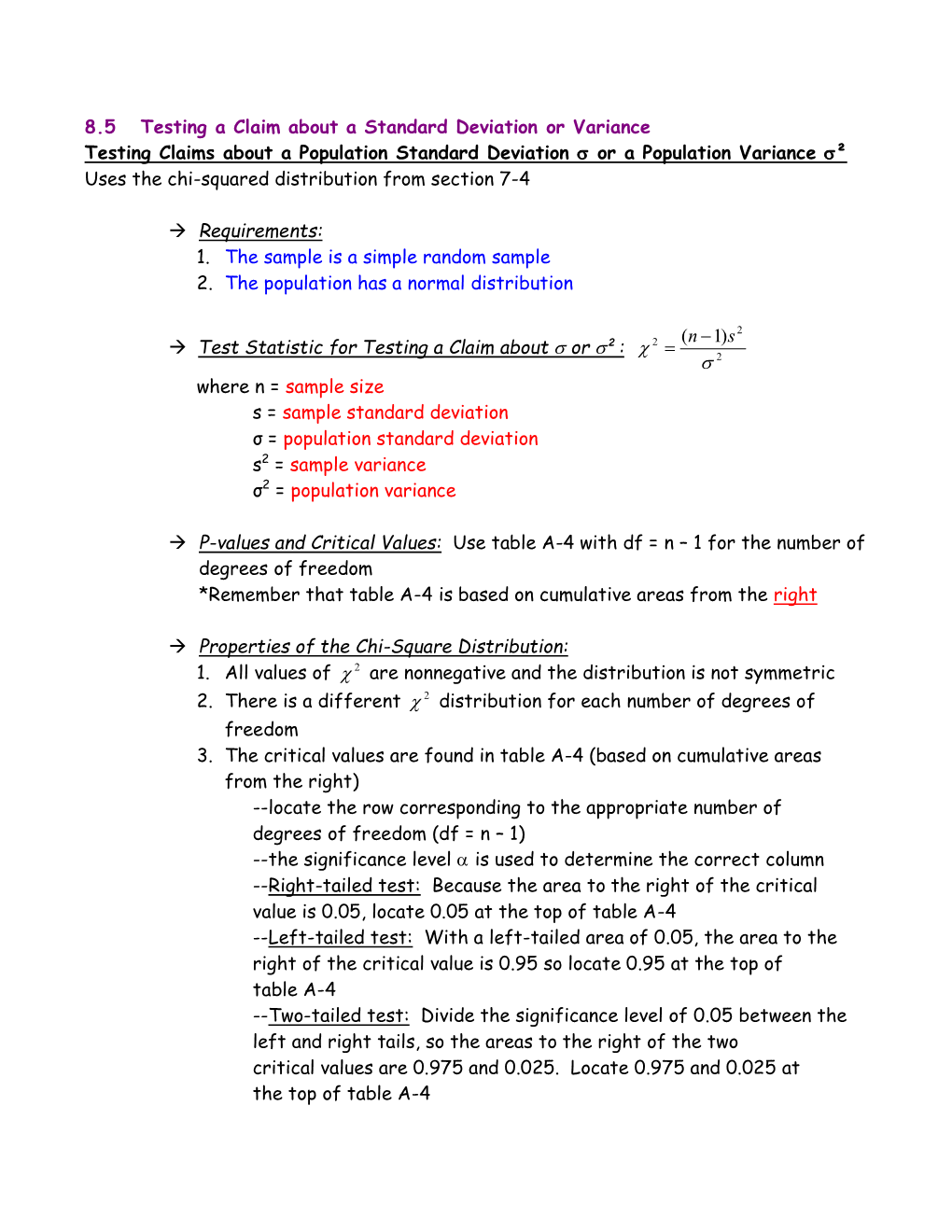 8.5 Testing a Claim About a Standard Deviation Or Variance