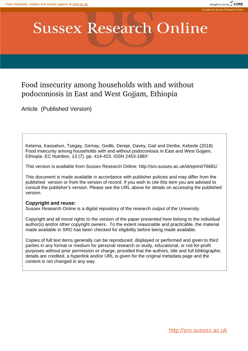 Food Insecurity Among Households with and Without Podoconiosis in East and West Gojjam, Ethiopia