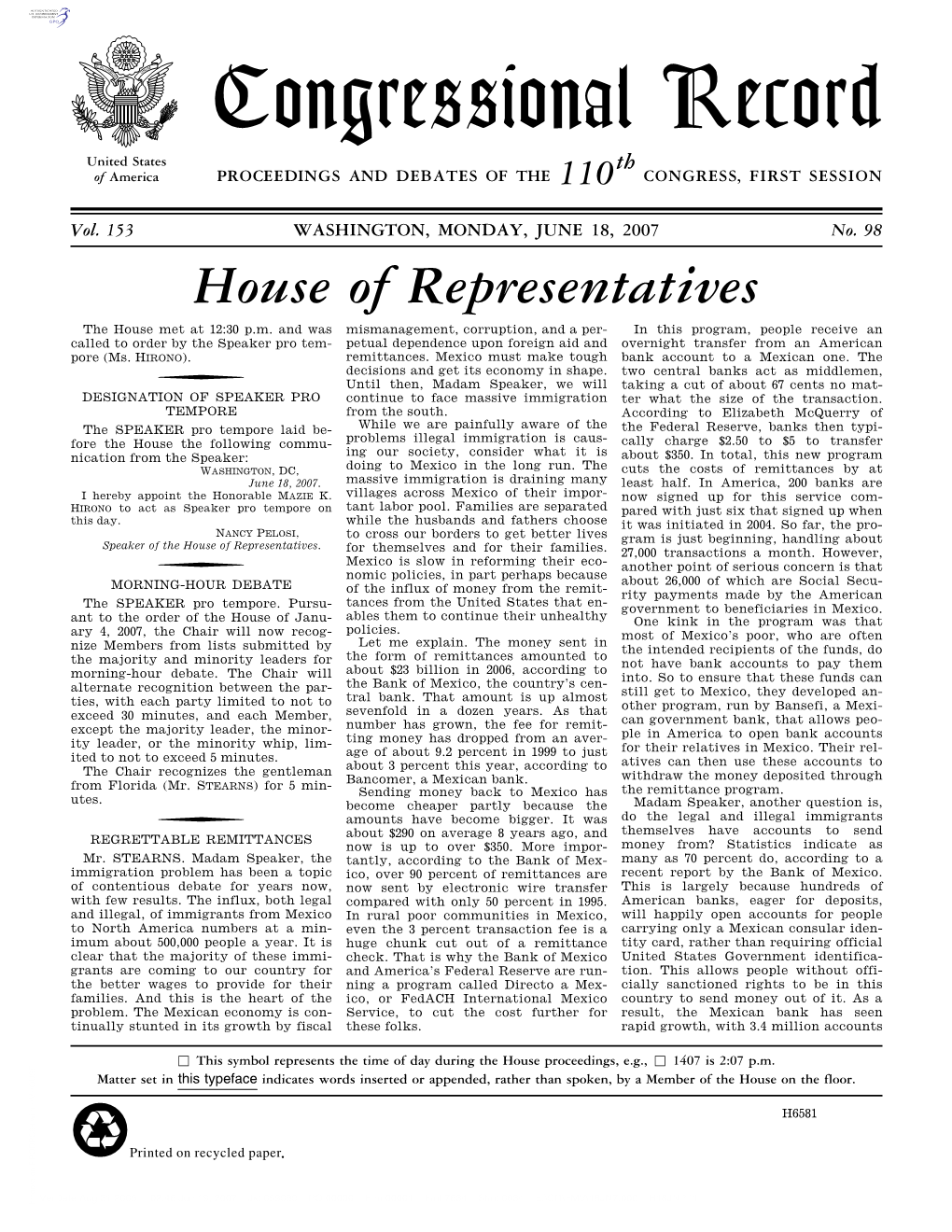 Congressional Record United States Th of America PROCEEDINGS and DEBATES of the 110 CONGRESS, FIRST SESSION