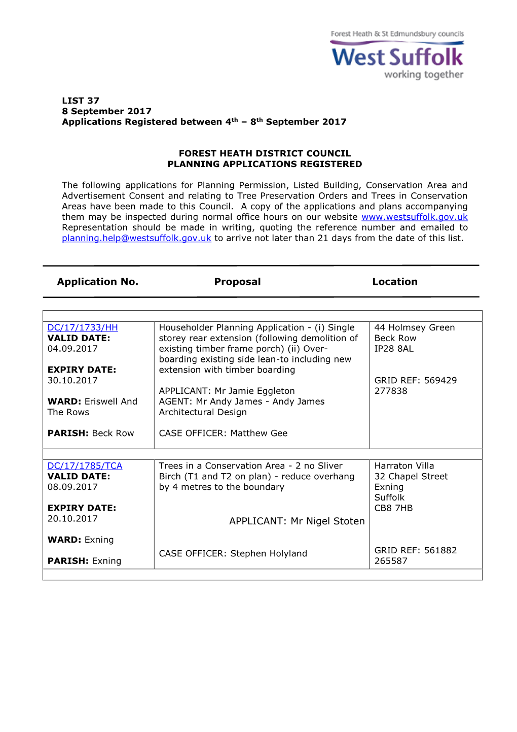 FHDC Planning Applications 37/17