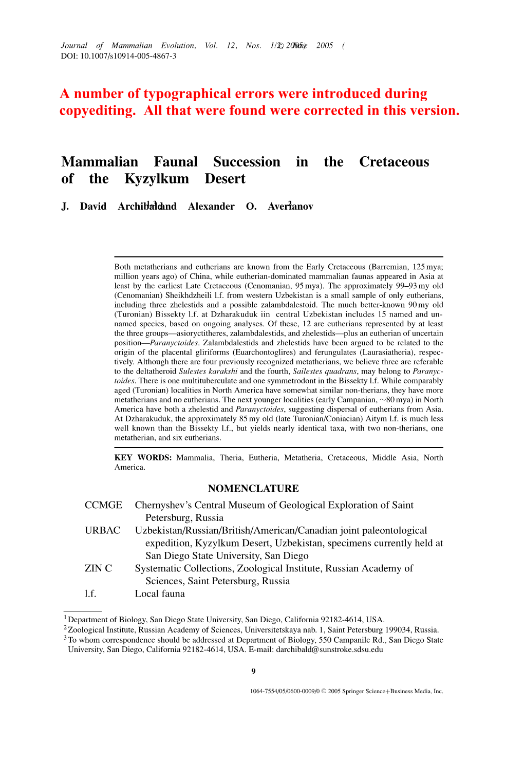 Mammalian Faunal Succession in the Cretaceous of the Kyzylkum Desert