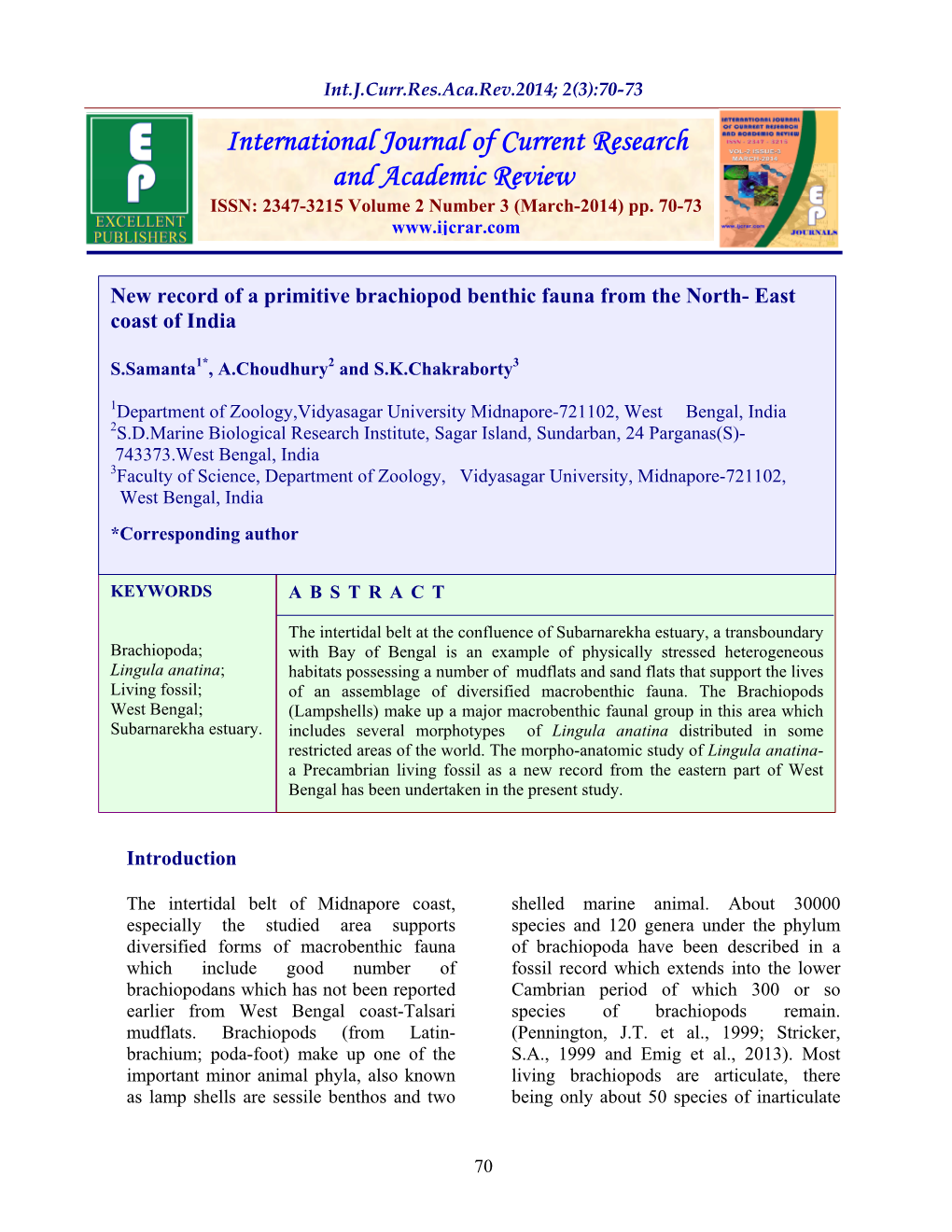 New Record of a Primitive Brachiopod Benthic Fauna from the North- East Coast of India