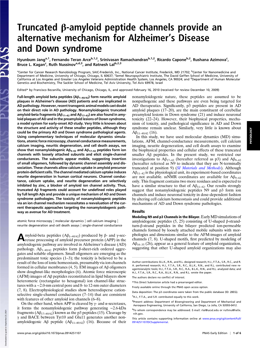 Truncated Β-Amyloid Peptide Channels Provide an Alternative Mechanism for Alzheimer’S Disease and Down Syndrome