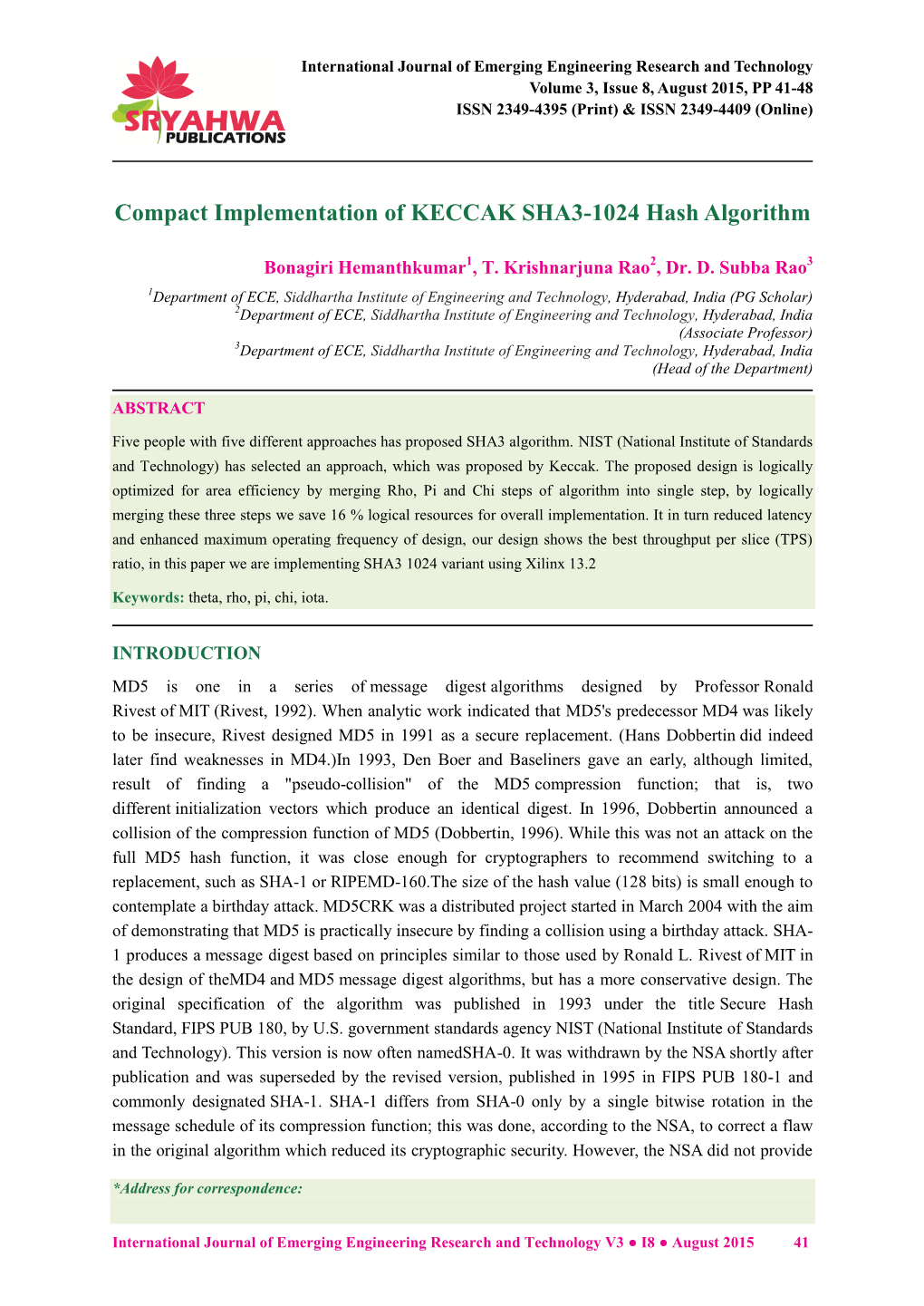 Compact Implementation of KECCAK SHA3-1024 Hash Algorithm