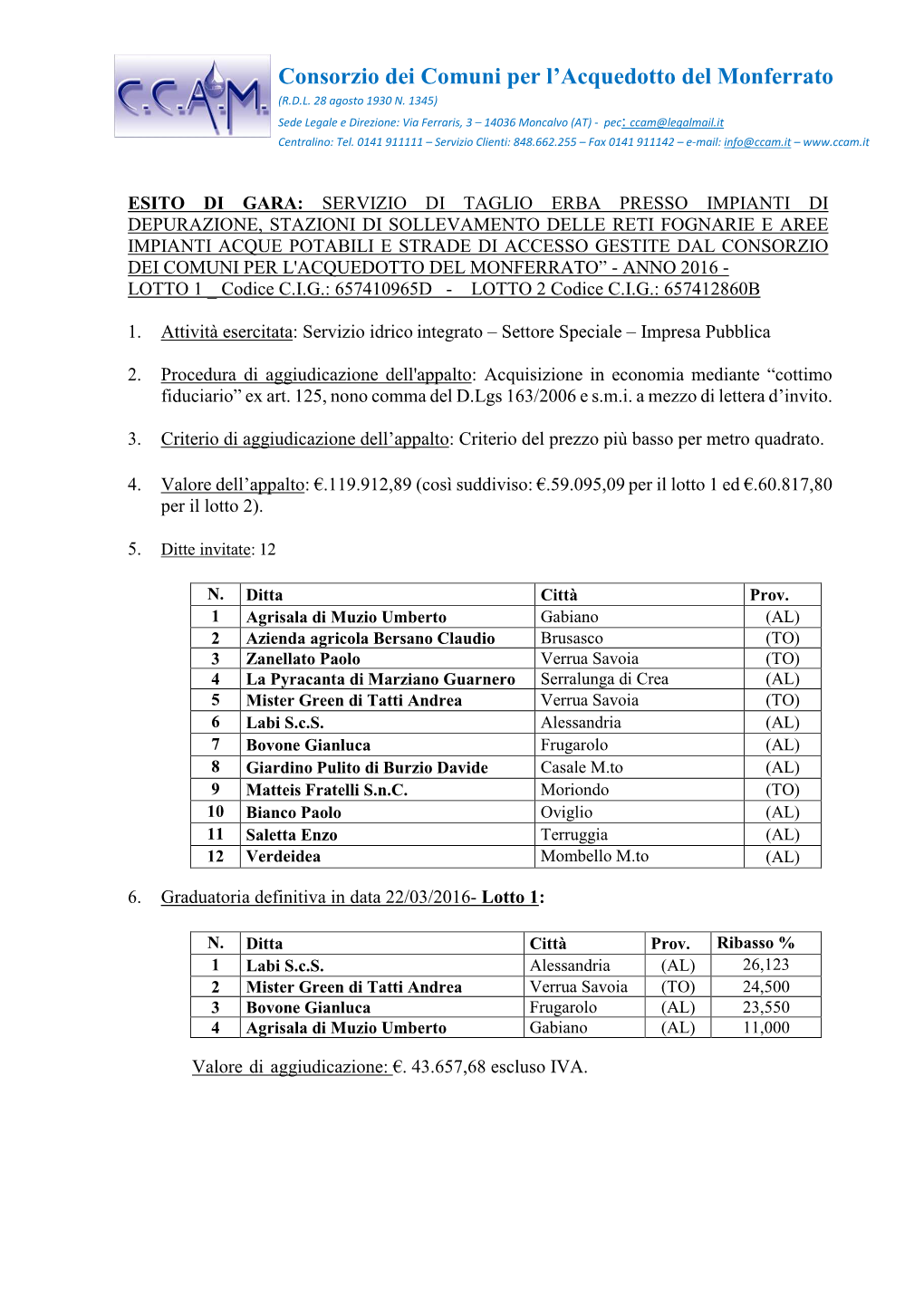 CONSORZIO DEI COMUNI PER L'acquedotto DEL MONFERRATO” - ANNO 2016 - LOTTO 1 Codice C.I.G.: 657410965D - LOTTO 2 Codice C.I.G.: 657412860B