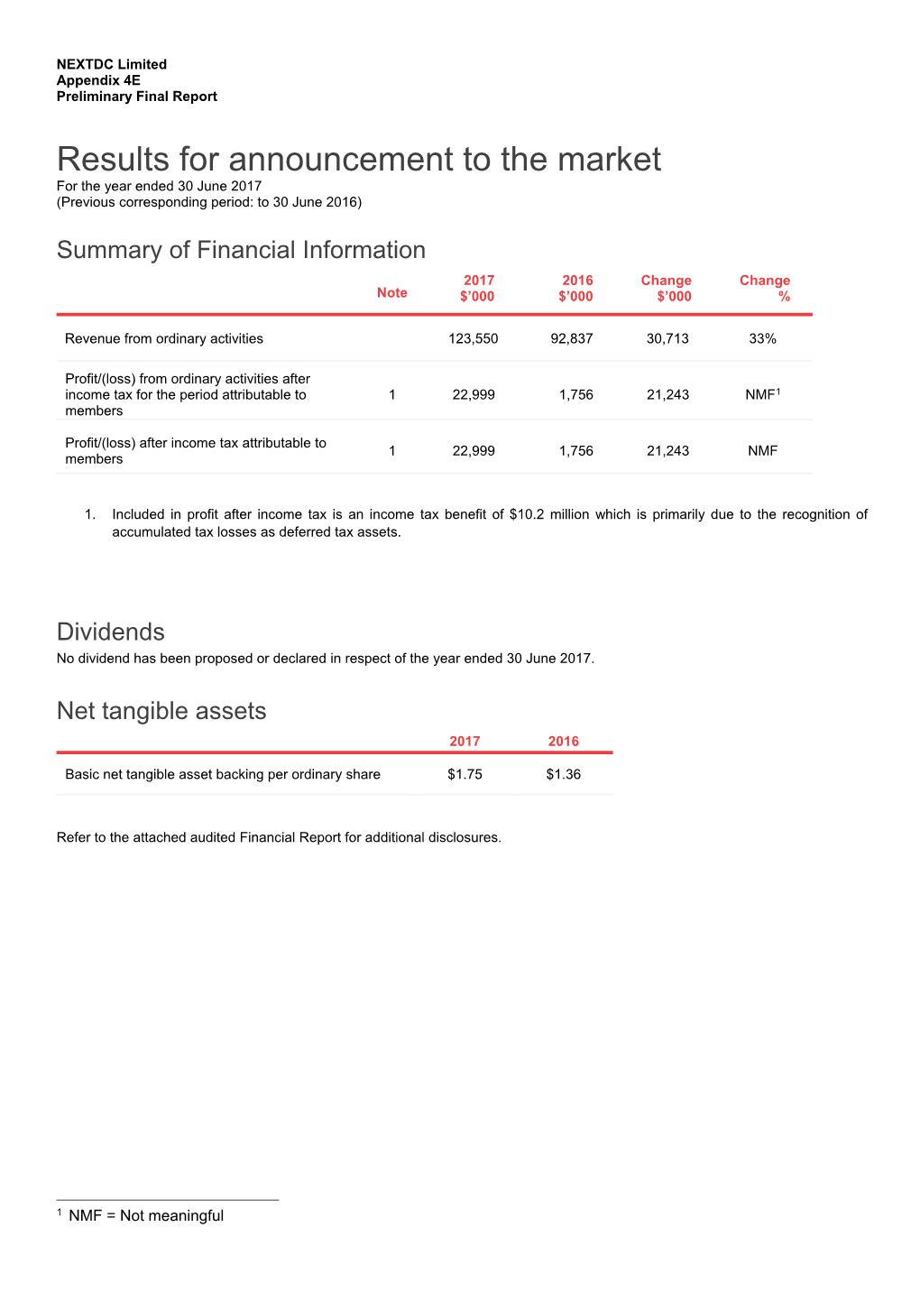 NEXTDC FY17 Appendix 4E and Annual Report