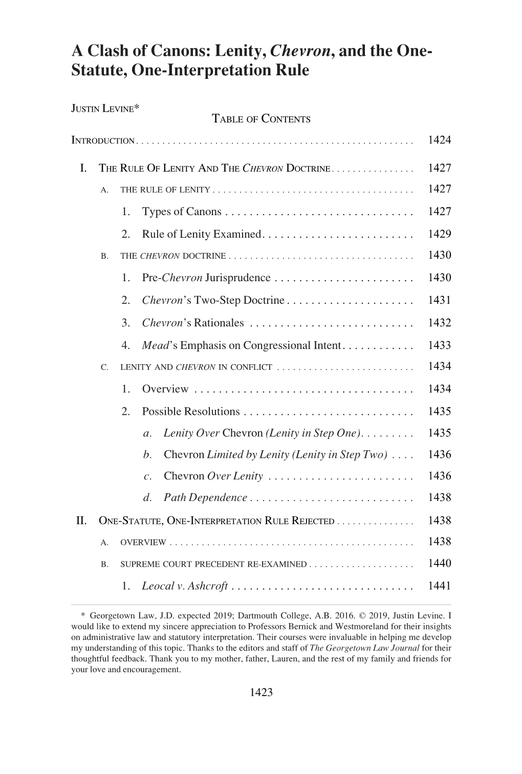 A Clash of Canons: Lenity, Chevron, and the One- Statute, One-Interpretation Rule