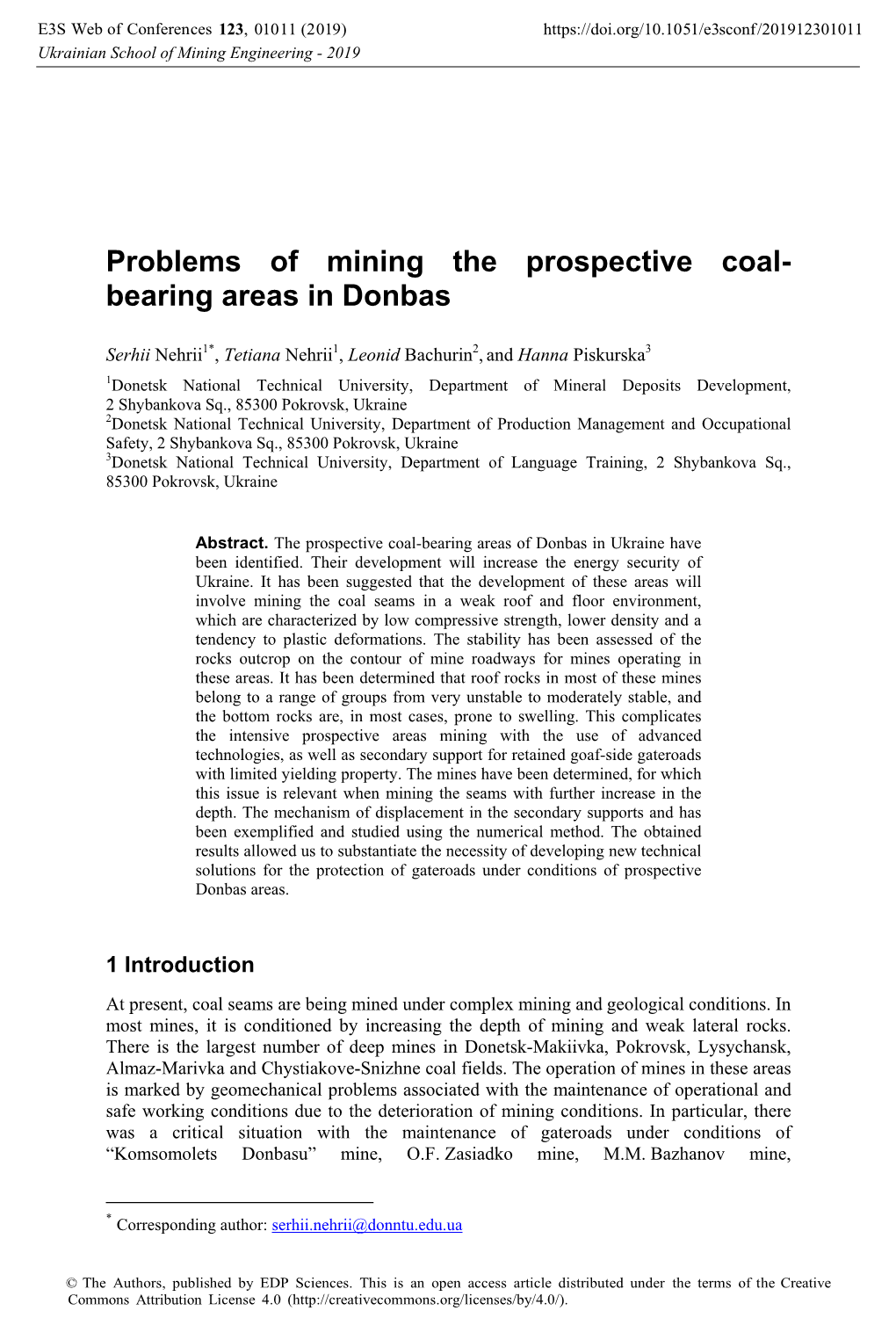 Problems of Mining the Prospective Coal-Bearing Areas in Donbas