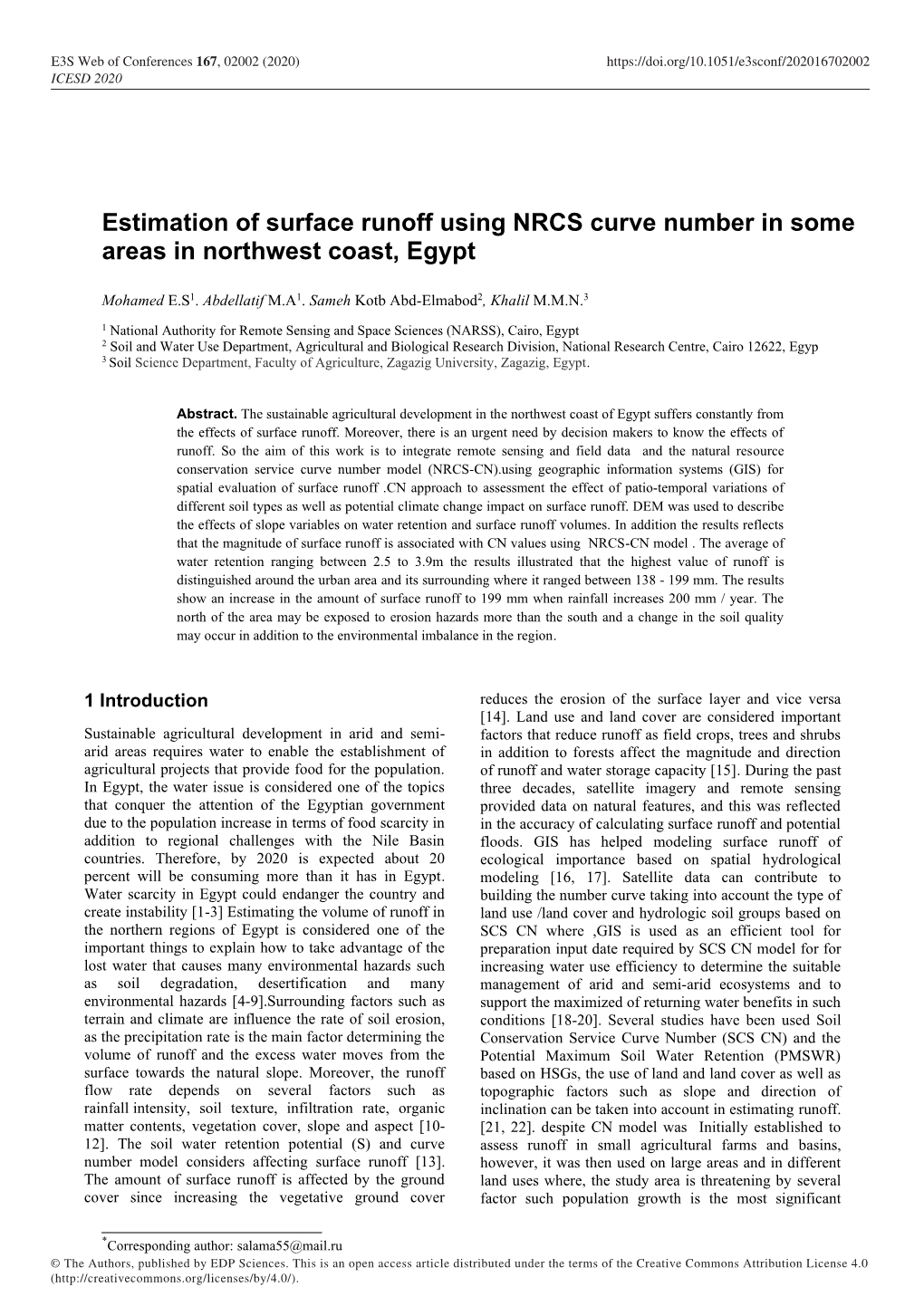 Estimation of Surface Runoff Using NRCS Curve Number in Some Areas in Northwest Coast, Egypt