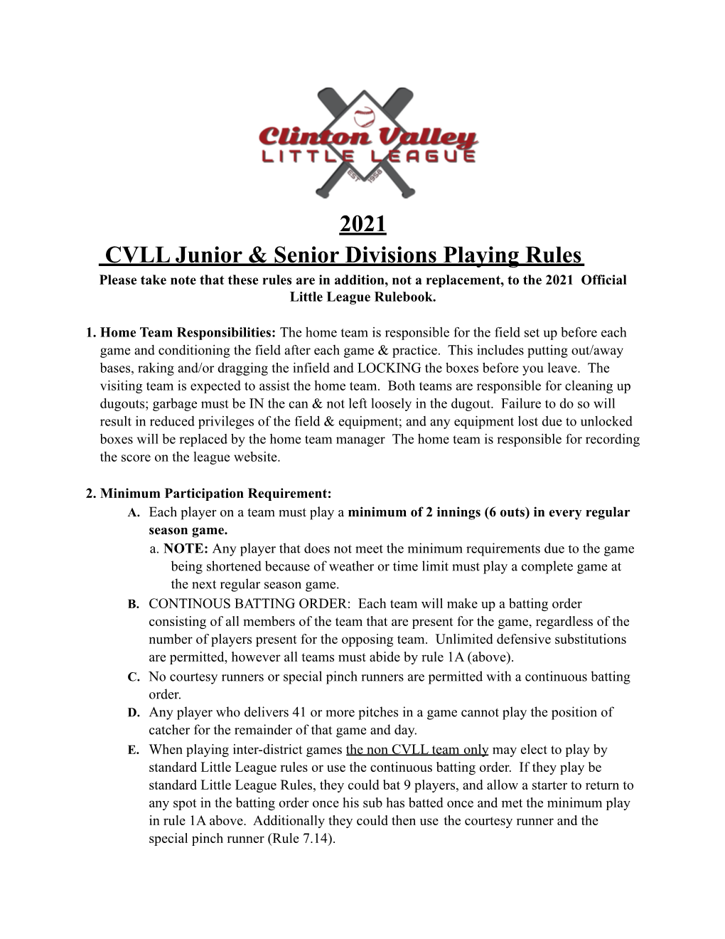 2019 CVLL JR SR Rules