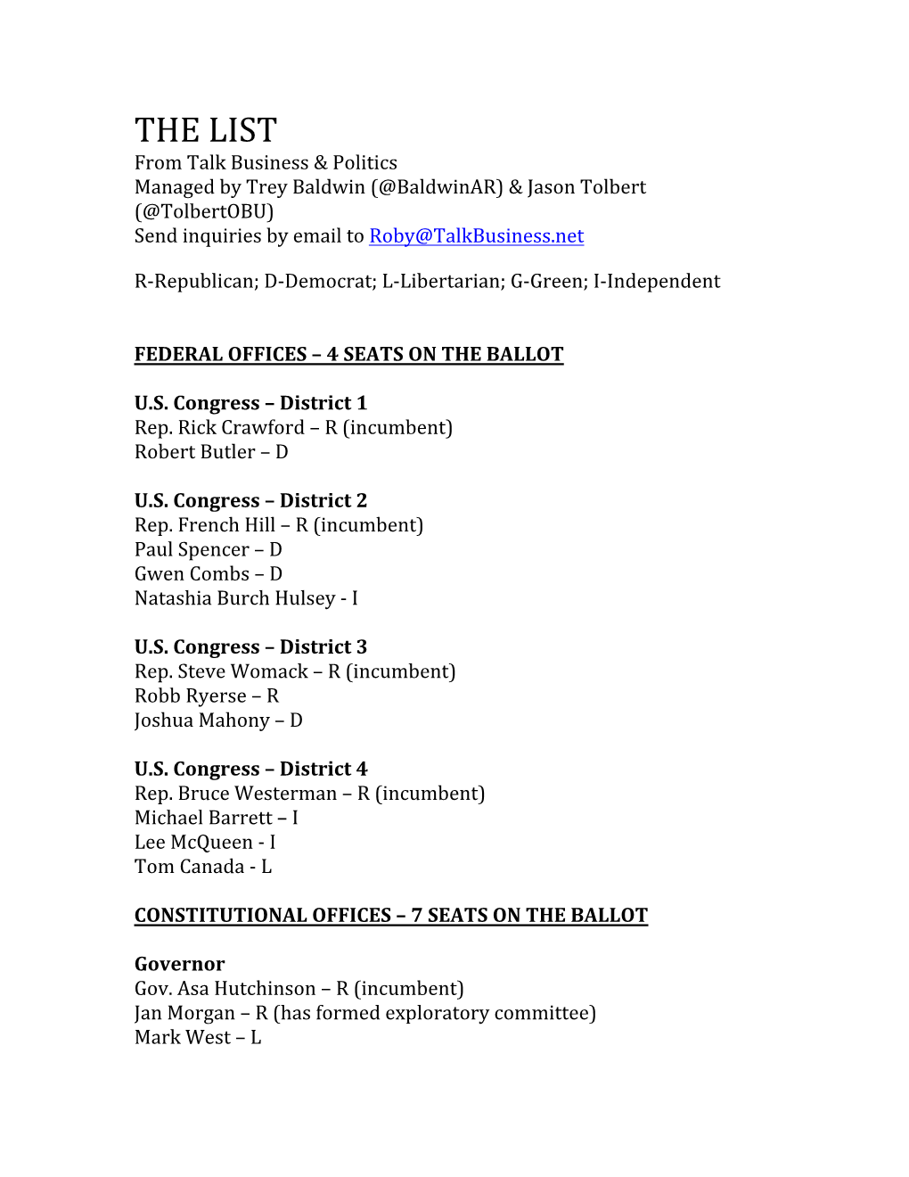 THE LIST from Talk Business & Politics Managed by Trey Baldwin (@Baldwinar) & Jason Tolbert (@Tolbertobu) Send Inquiries by Email to Roby@Talkbusiness.Net