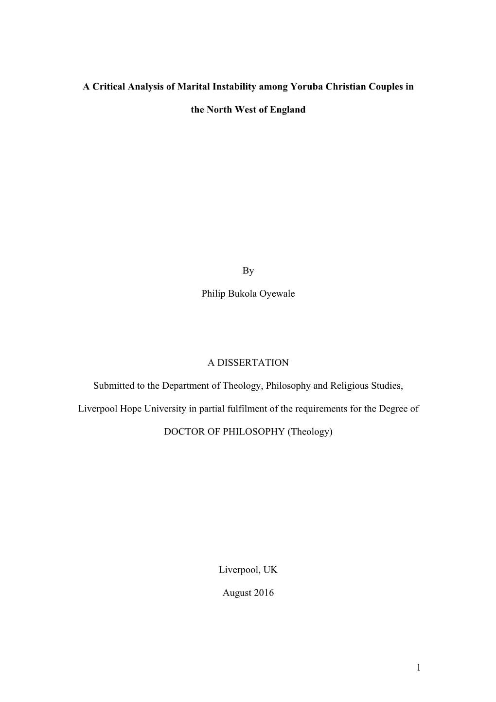 A Critical Analysis of Marital Instability Among Yoruba Christian Couples In