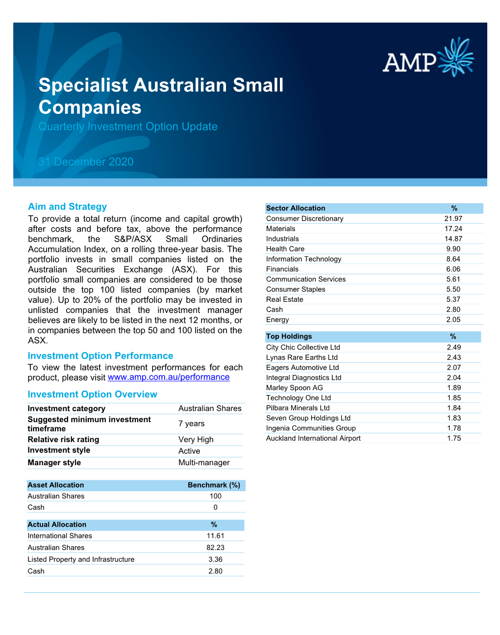 Specialist Australian Small Companies Quarterly Investment Option Update