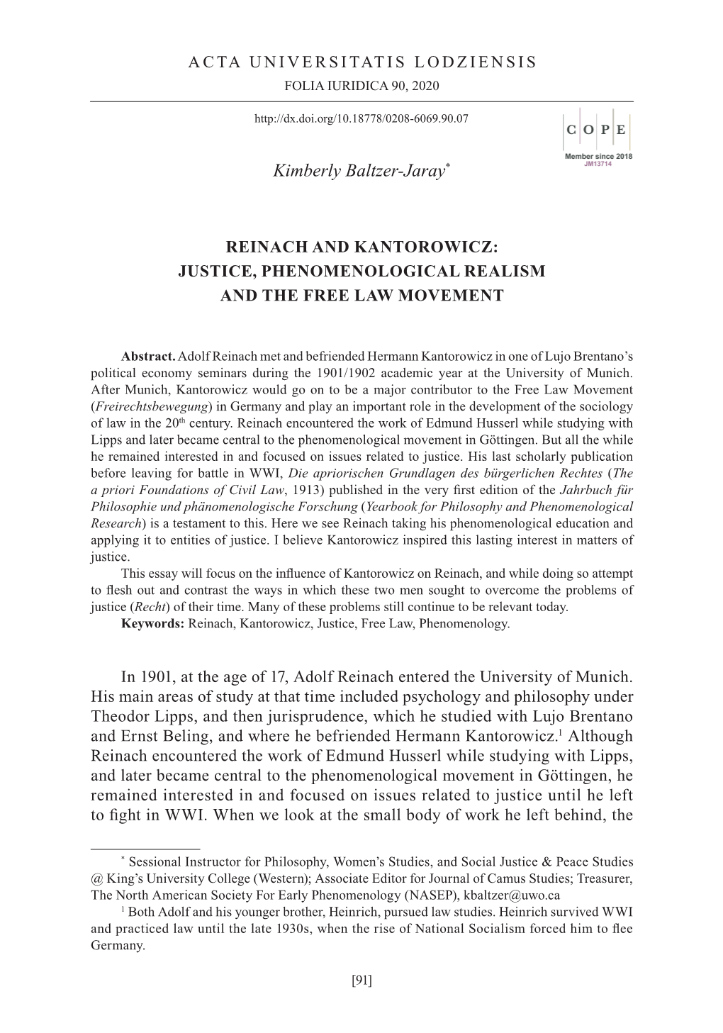 Reinach and Kantorowicz: Justice, Phenomenological Realism and the Free Law Movement