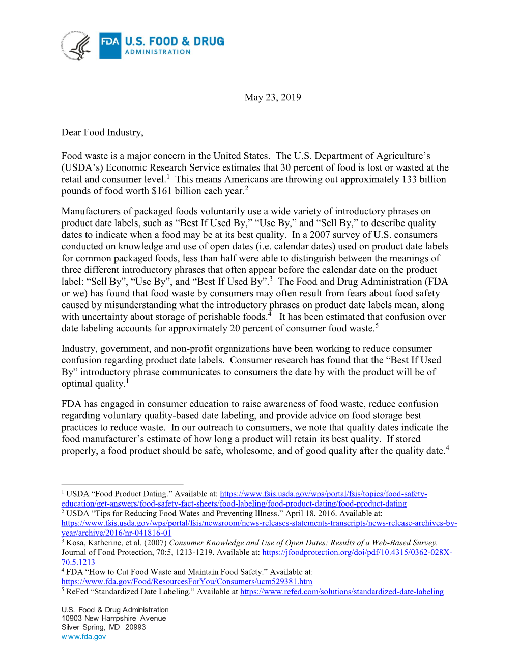 May 23, 2019 Dear Food Industry, Food Waste Is a Major Concern In