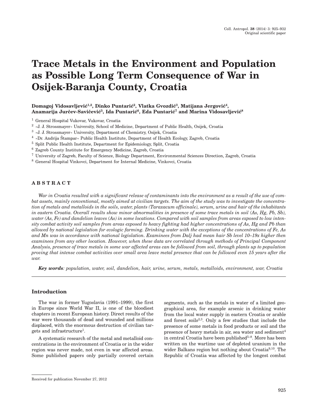 Trace Metals in the Environment and Population As Possible Long Term Consequence of War in Osijek-Baranja County, Croatia