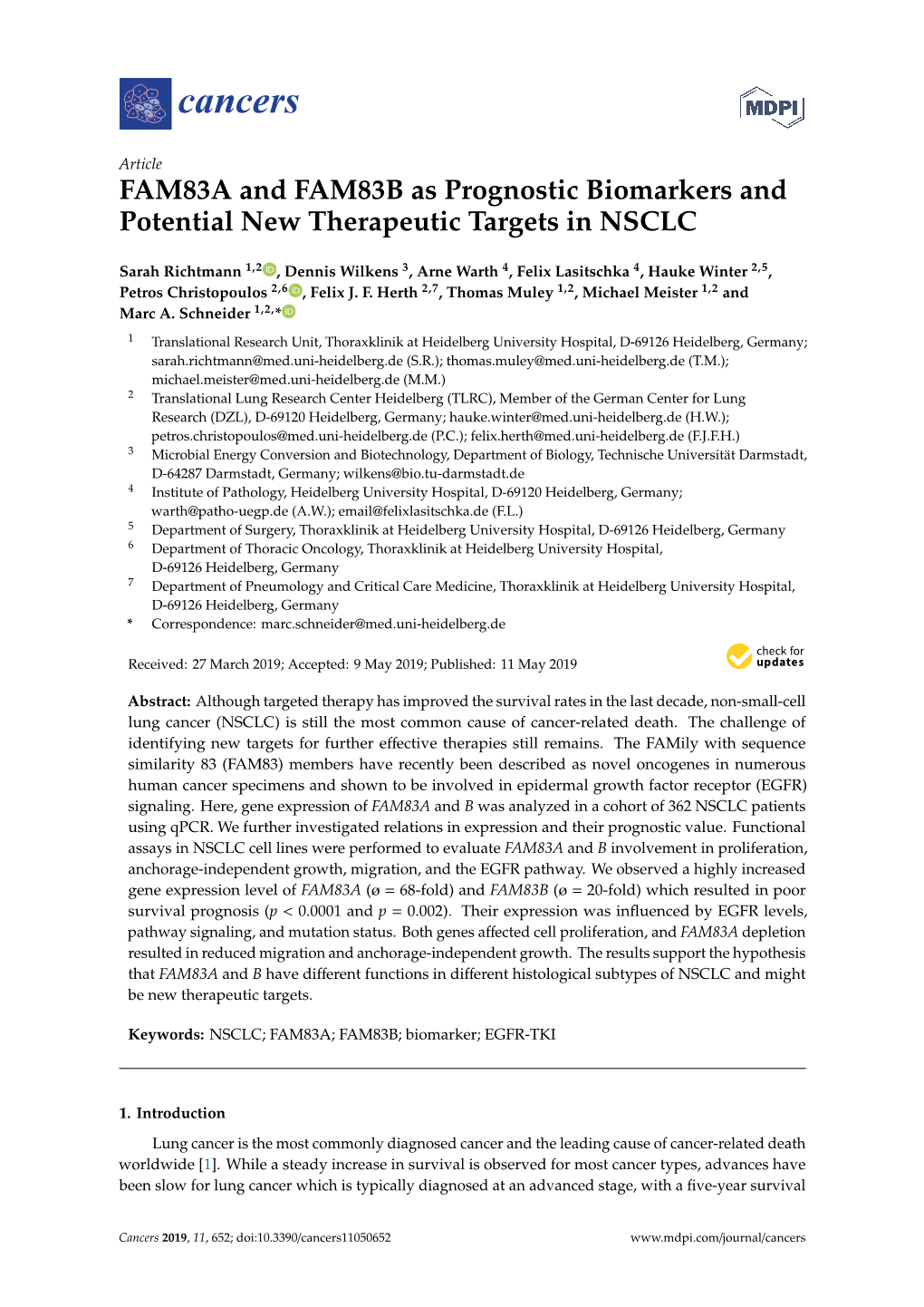 FAM83A and FAM83B As Prognostic Biomarkers and Potential New Therapeutic Targets in NSCLC