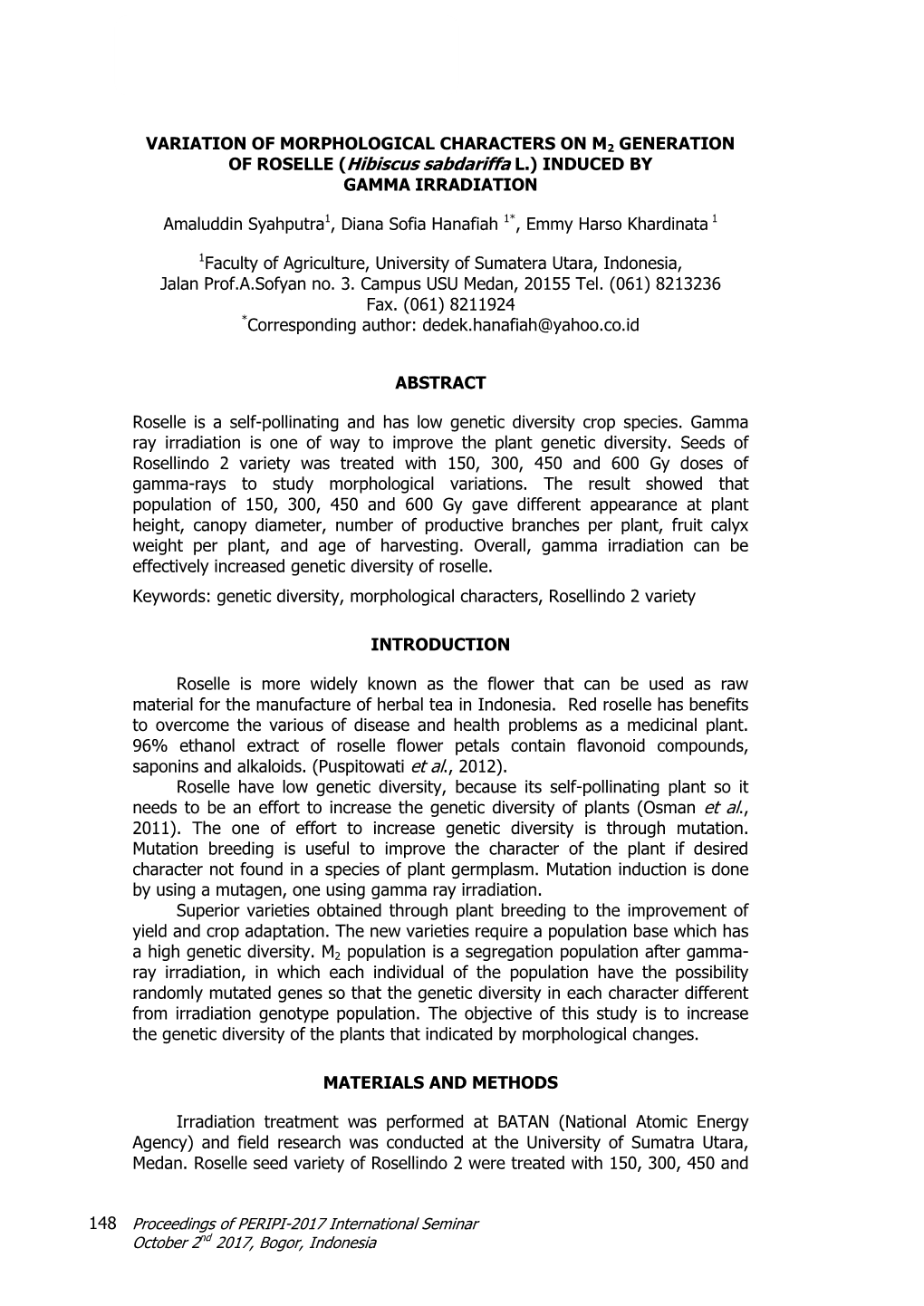 Of Roselle (Hibiscus Sabdariffa L.) Induced by Gamma Irradiation Pages 148-153