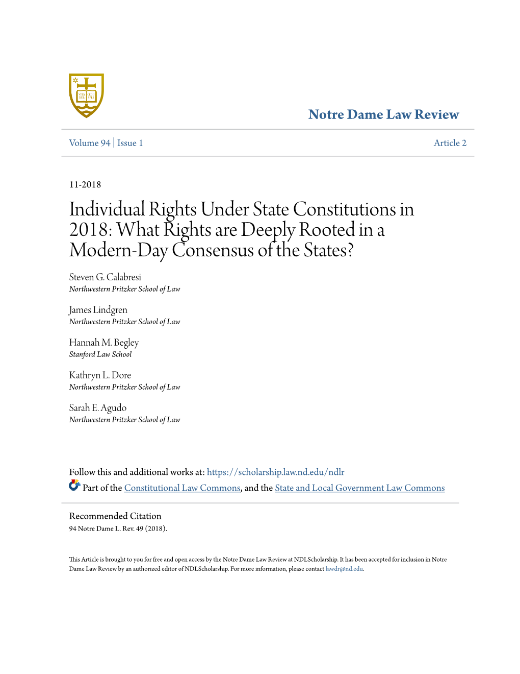 Individual Rights Under State Constitutions in 2018: What Rights Are Deeply Rooted in a Modern-Day Consensus of the States? Steven G