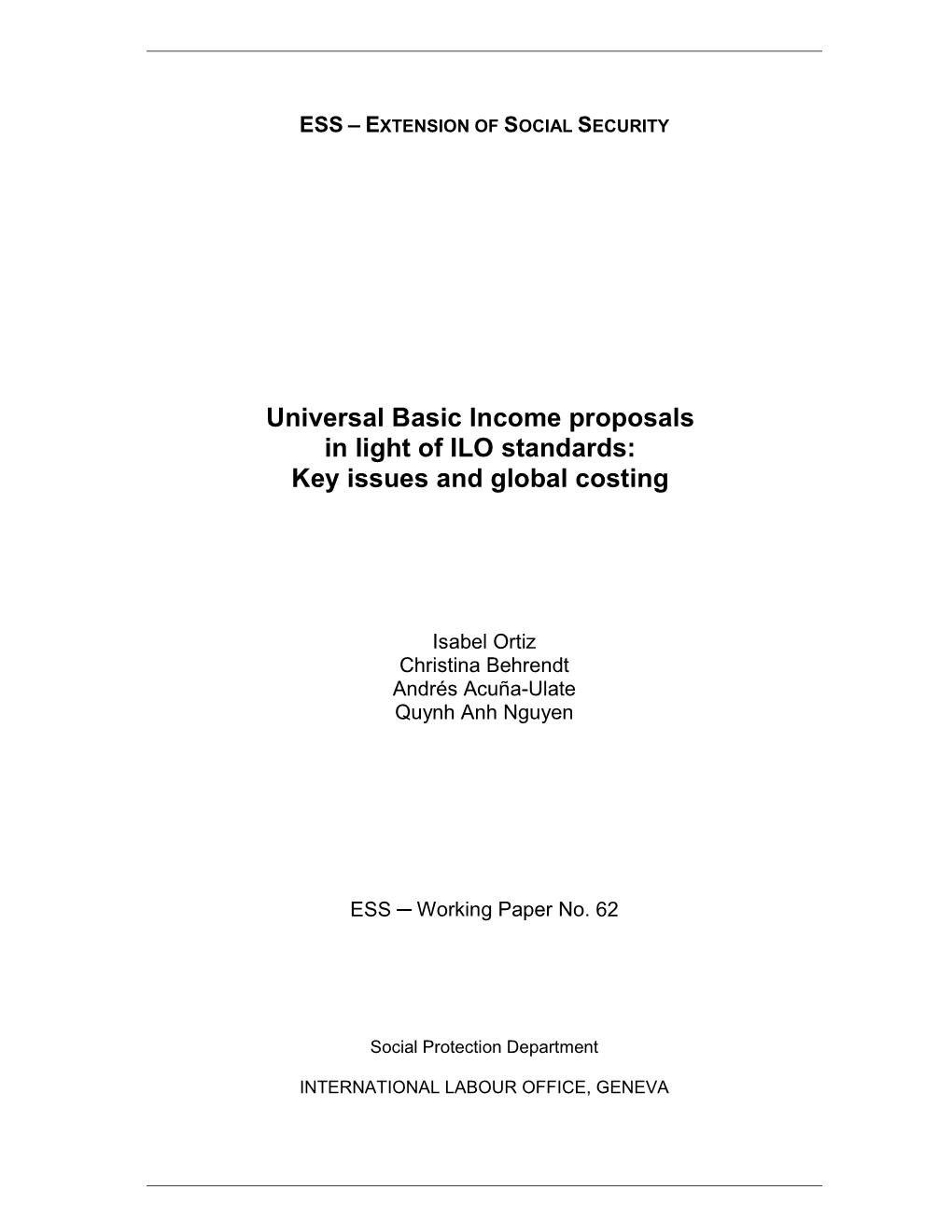 Universal Basic Income Proposals in Light of ILO Standards: Key Issues and Global Costing