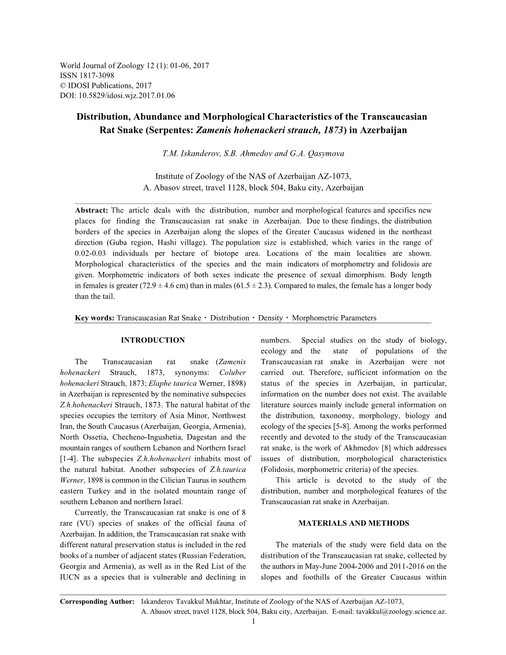 Distribution, Abundance and Morphological Characteristics of the Transcaucasian Rat Snake (Serpentes: Zamenis Hohenackeri Strauch, 1873) in Azerbaijan