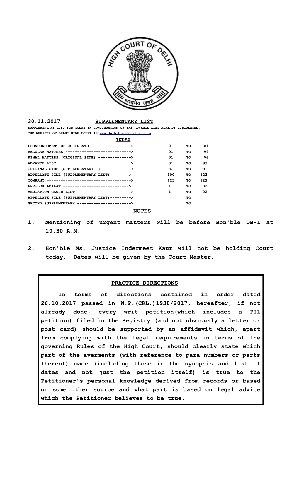 NOTES 1. Mentioning of Urgent Matters Will Be Before Hon'ble DB-I at 10.30 A.M