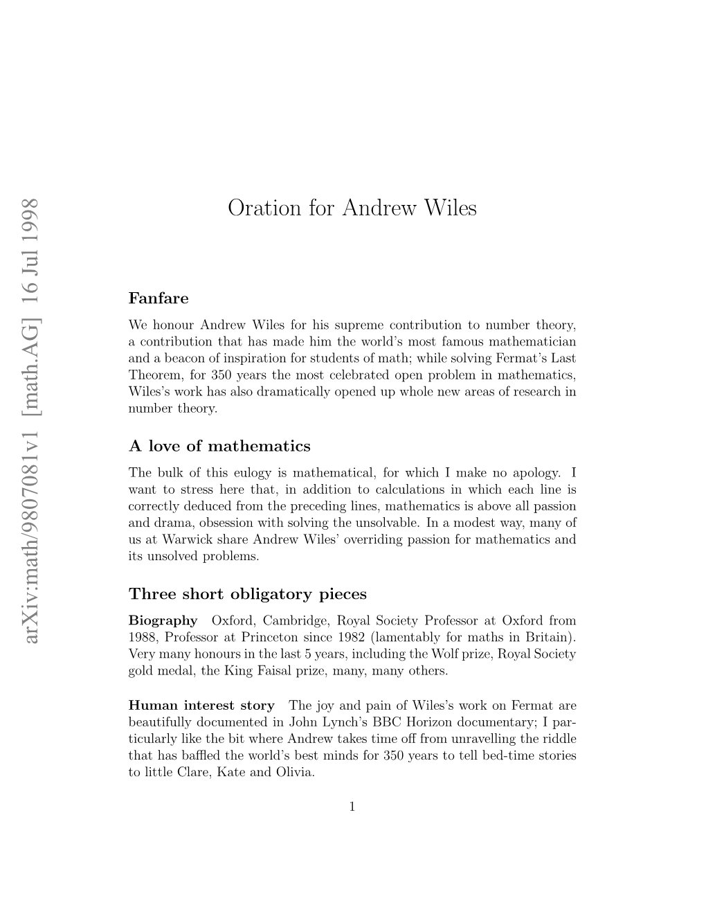 Arxiv:Math/9807081V1 [Math.AG] 16 Jul 1998 Hthsbﬄdtewrdsbs Id O 5 Er Otl Bed-Time Tell to Years Olivia