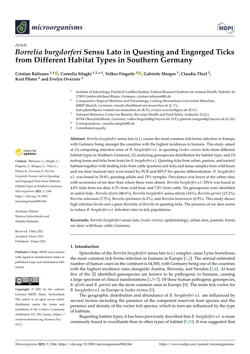 Borrelia Burgdorferi Sensu Lato in Questing and Engorged Ticks from Different Habitat Types in Southern Germany