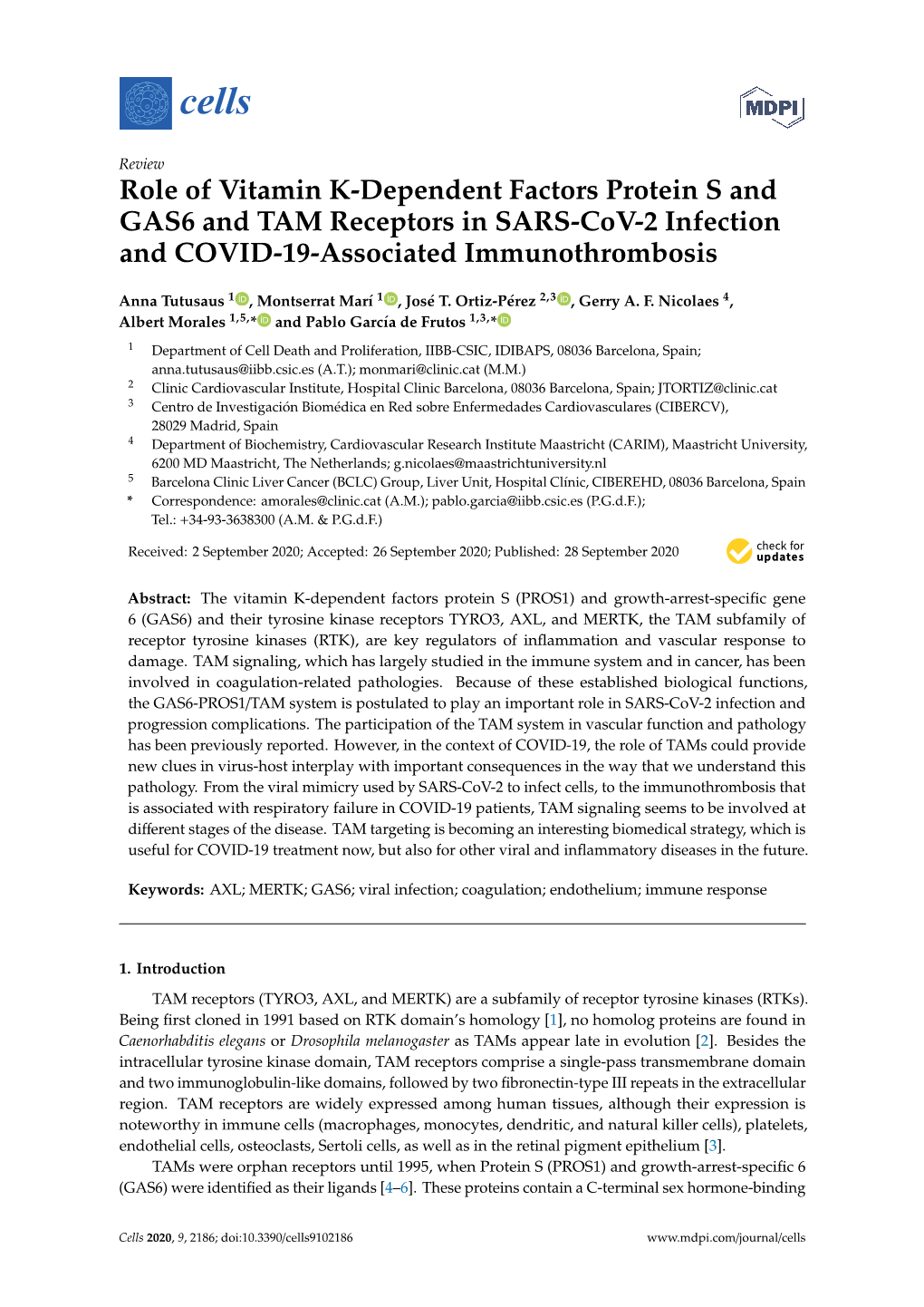 Role of Vitamin K-Dependent Factors Protein S and GAS6 and TAM Receptors in SARS-Cov-2 Infection and COVID-19-Associated Immunothrombosis
