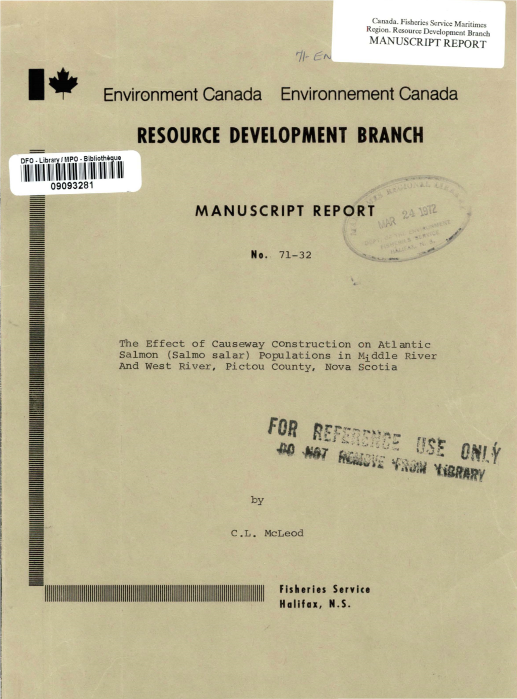 Resource Development Branch MANUSCRIPT REPORT