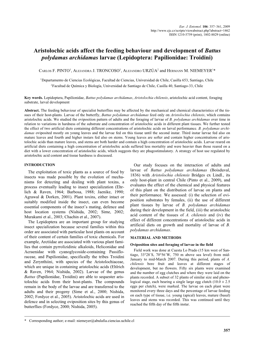 Aristolochic Acids Affect the Feeding Behaviour and Development of Battus Polydamas Archidamas Larvae (Lepidoptera: Papilionidae: Troidini)