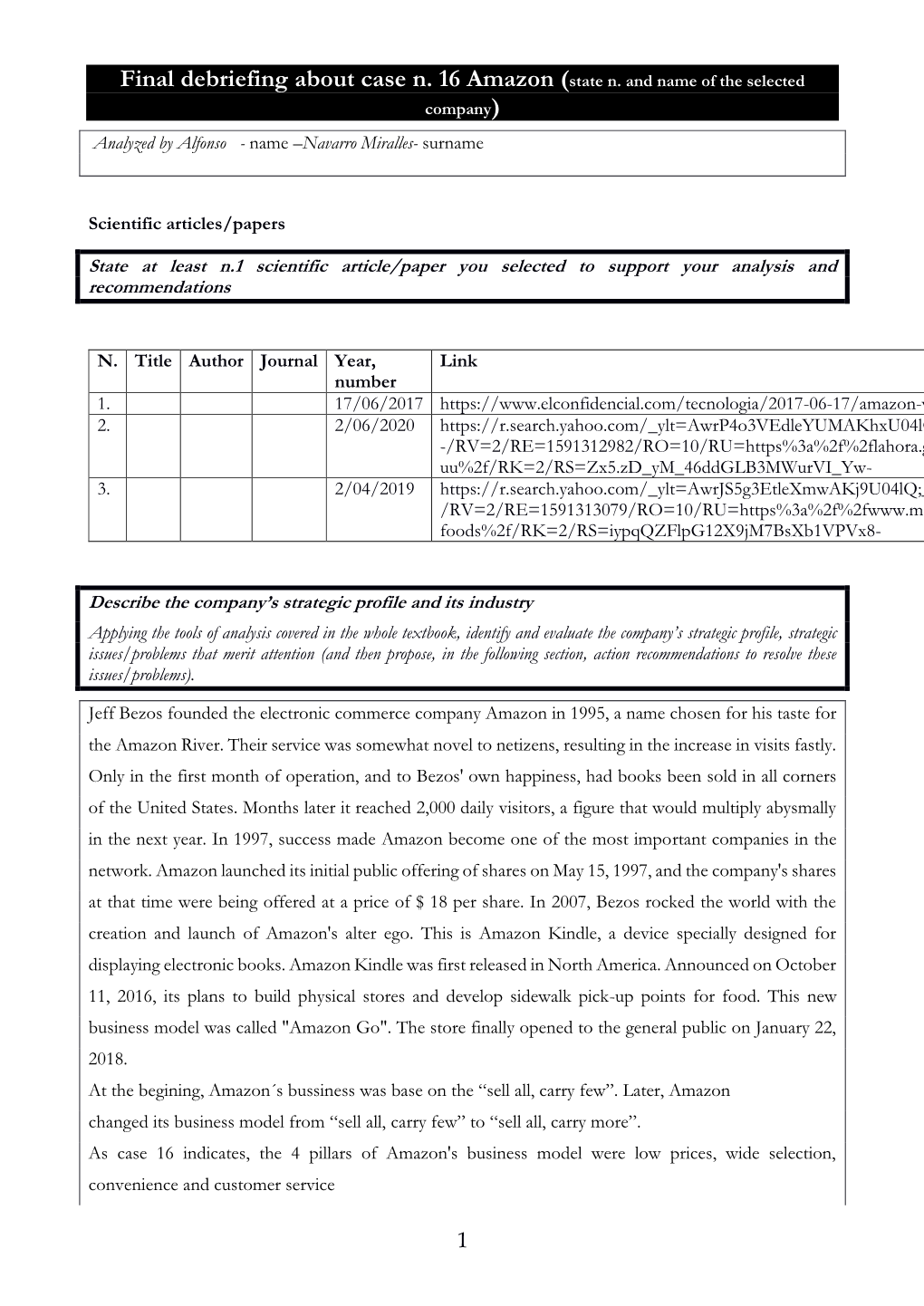 Final Debriefing About Case N. 16 Amazon (State N. and Name of the Selected Company) Analyzed by Alfonso - Name –Navarro Miralles- Surname