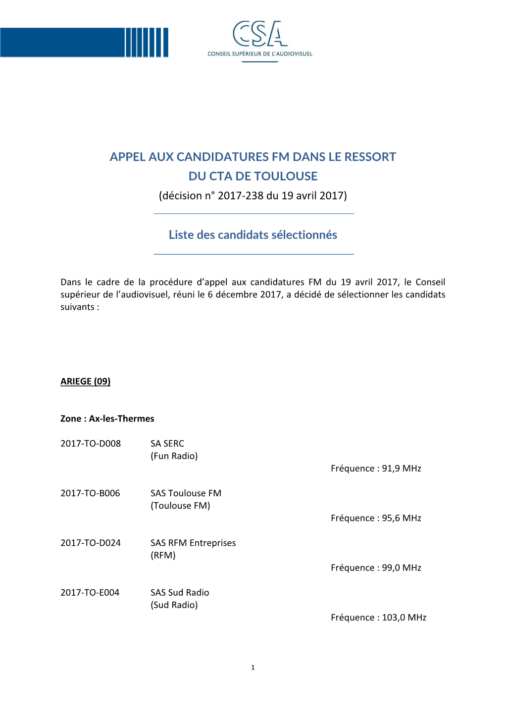 Liste Des Candidats Sélectionnés Appel CTA Toulouse CP Du 06-12-17