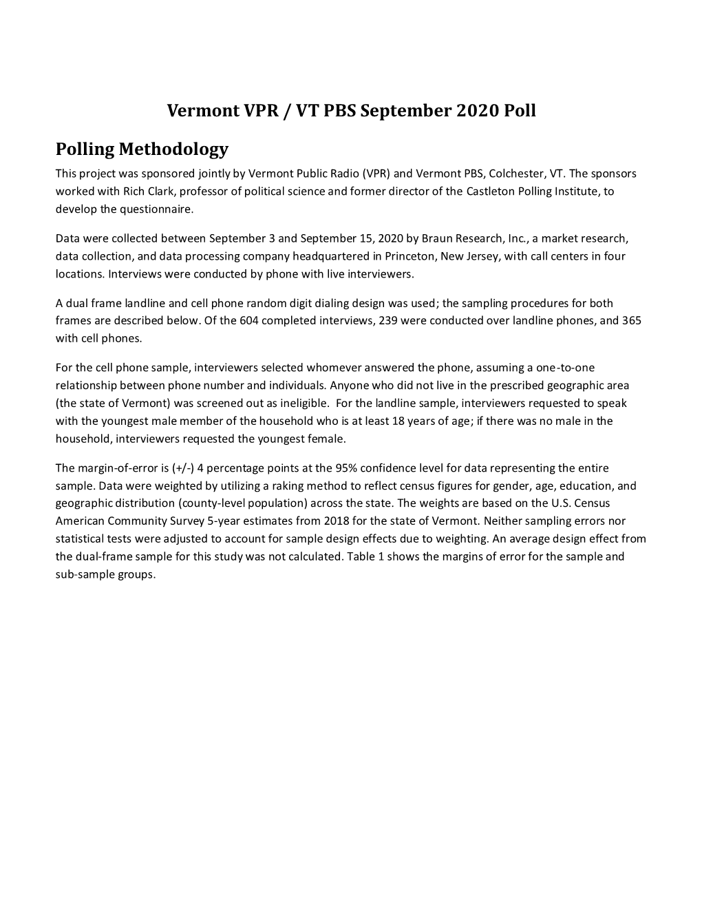 Vermont VPR / VT PBS September 2020 Poll Polling Methodology
