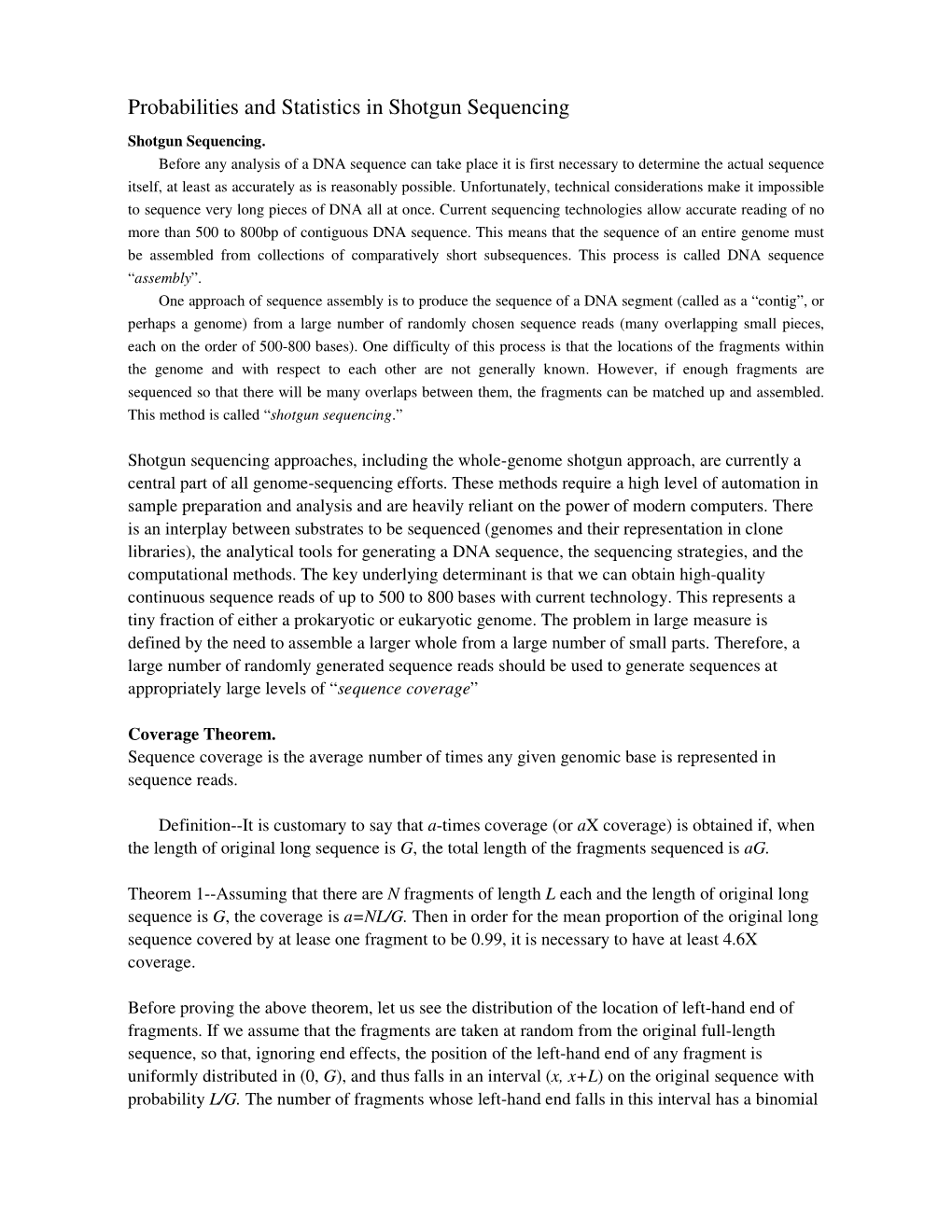 Probabilities and Statistics in Shotgun Sequencing Shotgun Sequencing