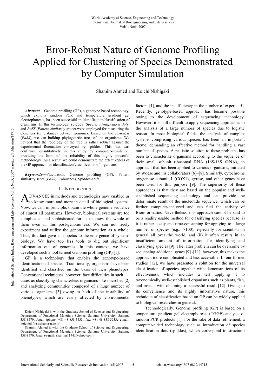 Error-Robust Nature of Genome Profiling Applied for Clustering of Species Demonstrated by Computer Simulation