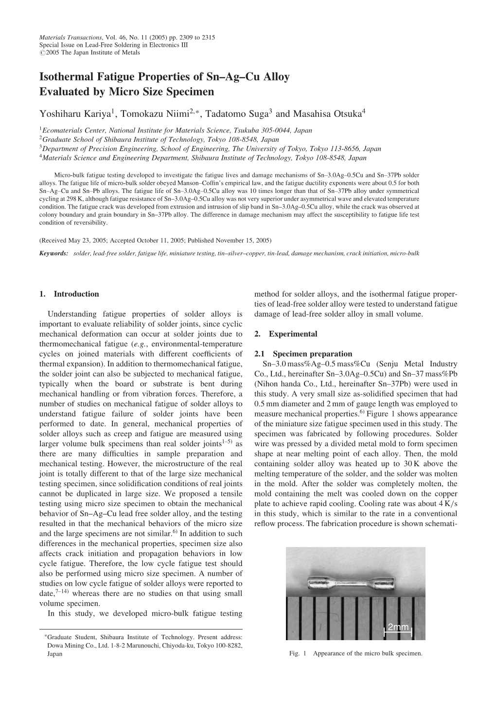 Isothermal Fatigue Properties of Sn--Ag--Cu Alloy Evaluated By