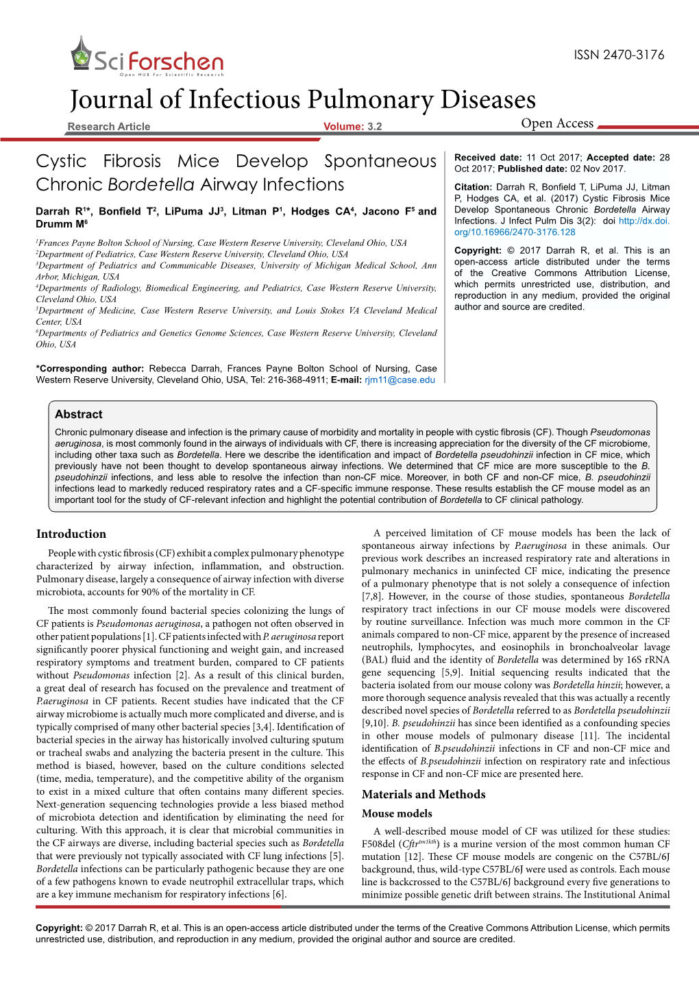 Cystic Fibrosis Mice Develop Spontaneouschronic Bordetella